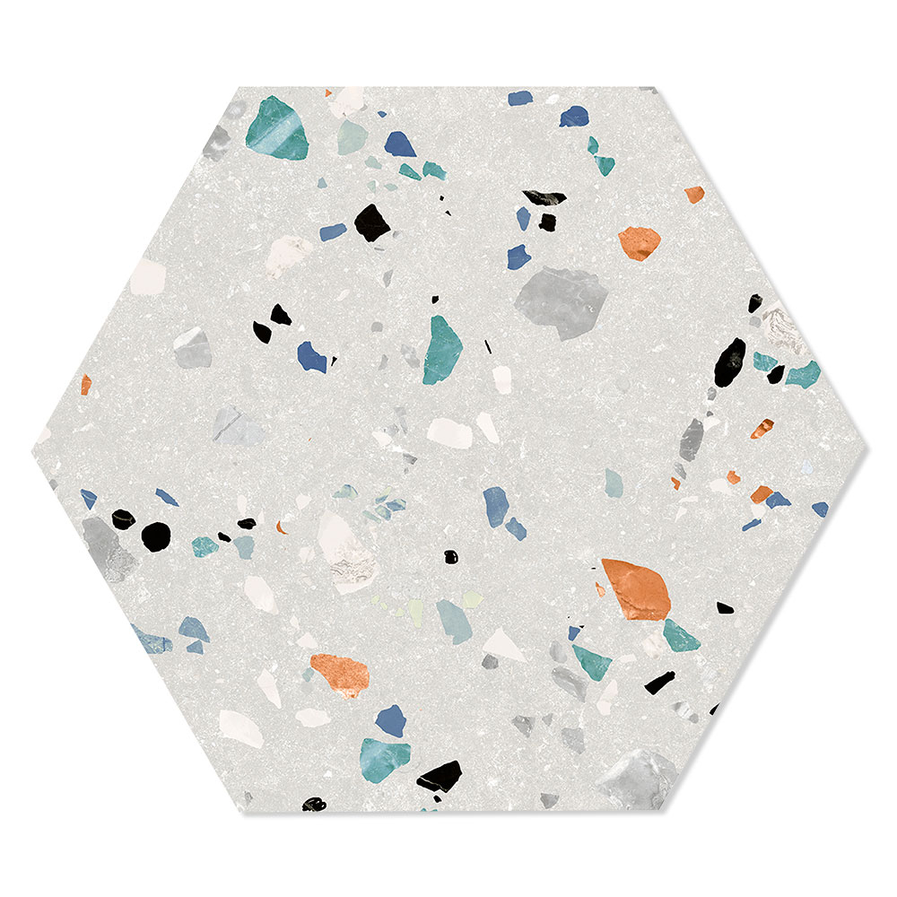 Heksagon Klinker Terrazzo Colorful Hvid Mat 20x24 cm