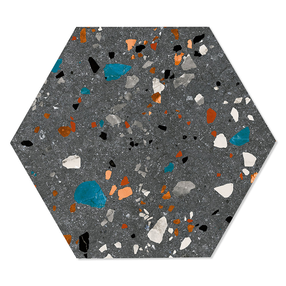 Heksagon Klinker Terrazzo Colorful Mørkegrå Mat 20x24 cm
