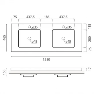 Bathco Dobbelt Håndvask Rectangular Liebana Hvid Glat 121 cm-2