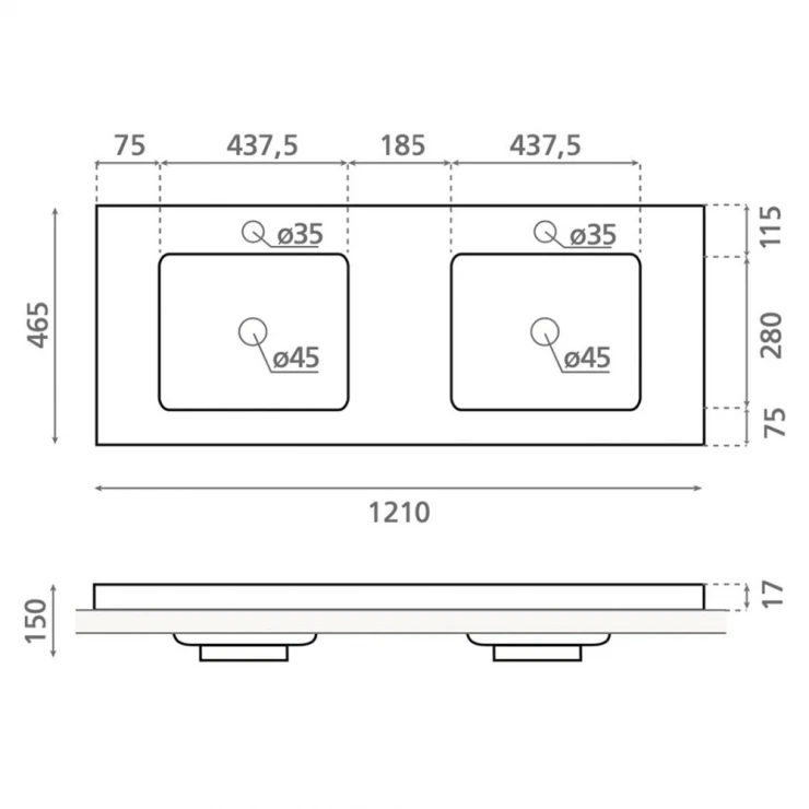 Bathco Dobbelt Håndvask Rectangular Liebana Hvid Glat 121 cm-1