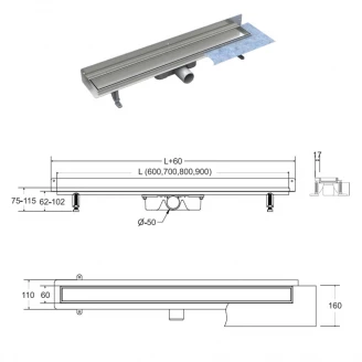 Bruseafløb Flowline Next 60 cm Krom Glat-2