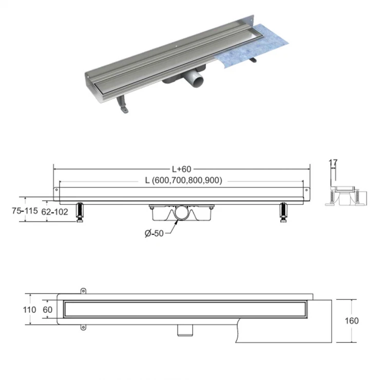 Bruseafløb Flowline Next 70 cm Krom Glat-1