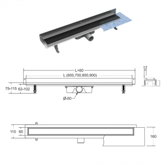 Bruseafløb Flowline Next 60 cm Sort Glat-2