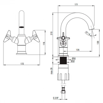 Håndvaskarmatur med To Håndtag Temisto Messing Mat 22.7 cm-2