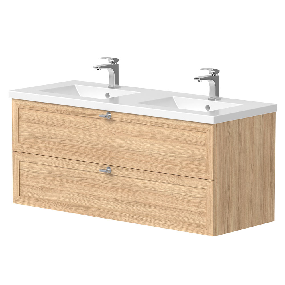 Dobbelt Håndvask Craftwood Egfaner Bleached Oak Mat 120 cm med Vask Hvid Blank