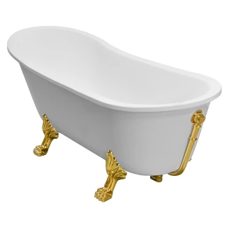 Badekar Royal Elegance Hvid Blank 160 cm med Guld Lejonfødder & Badeafløb