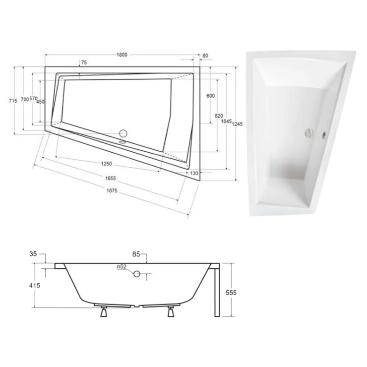 Badekar Santorini Hvid Glat 180 cm Højre (Uden Panel & Afløb)-1