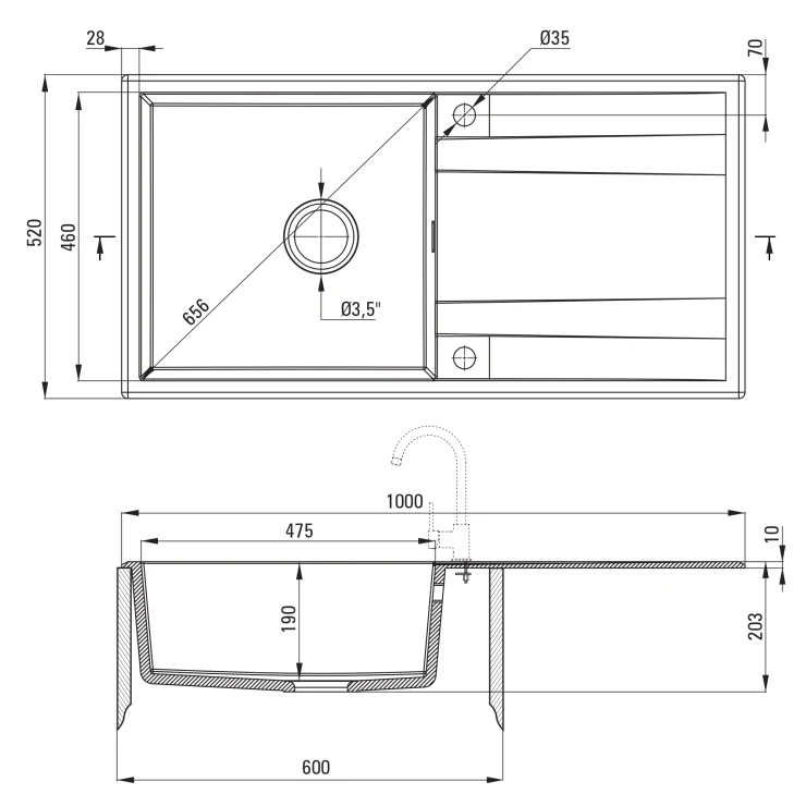 Granit Køkkenvask med Afløbsbakke Eridan Hvid Mat 100x52 cm med Vandlås-1