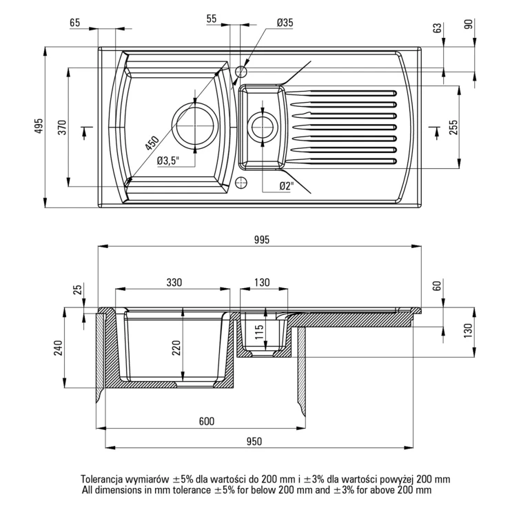 Keramik Køkkenvask med Afløbsbakke Lusitano Hvid Blank 100x50 cm-1