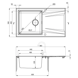 Glas-Stål Køkkenvask med Afløbsbakke Prime Hvid-Stål 86x50 cm-2