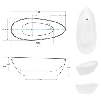 Håndlavet Mineral DuraBe Mineral Støbebadekar <strong>Verona</strong>  Grafit Blank 140x63 cm med Krom Pop-up Bundventil