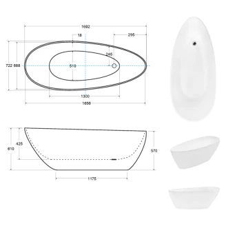Håndlavet Mineral DuraBe Mineral Støbebadekar <strong>Verona</strong>  Guld Blank 170x72 cm med Krom Pop-up Bundventil