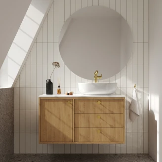 Håndvaskskab <strong>Vinyl</strong>  Eg Træ Højre 100 cm med Bordplade Hvid & Håndtereen Guld