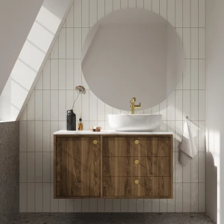 Håndvaskskab <strong>Vinyl</strong>  Valnød Højre 100 cm med Bordplade Hvid & Håndtereen Guld