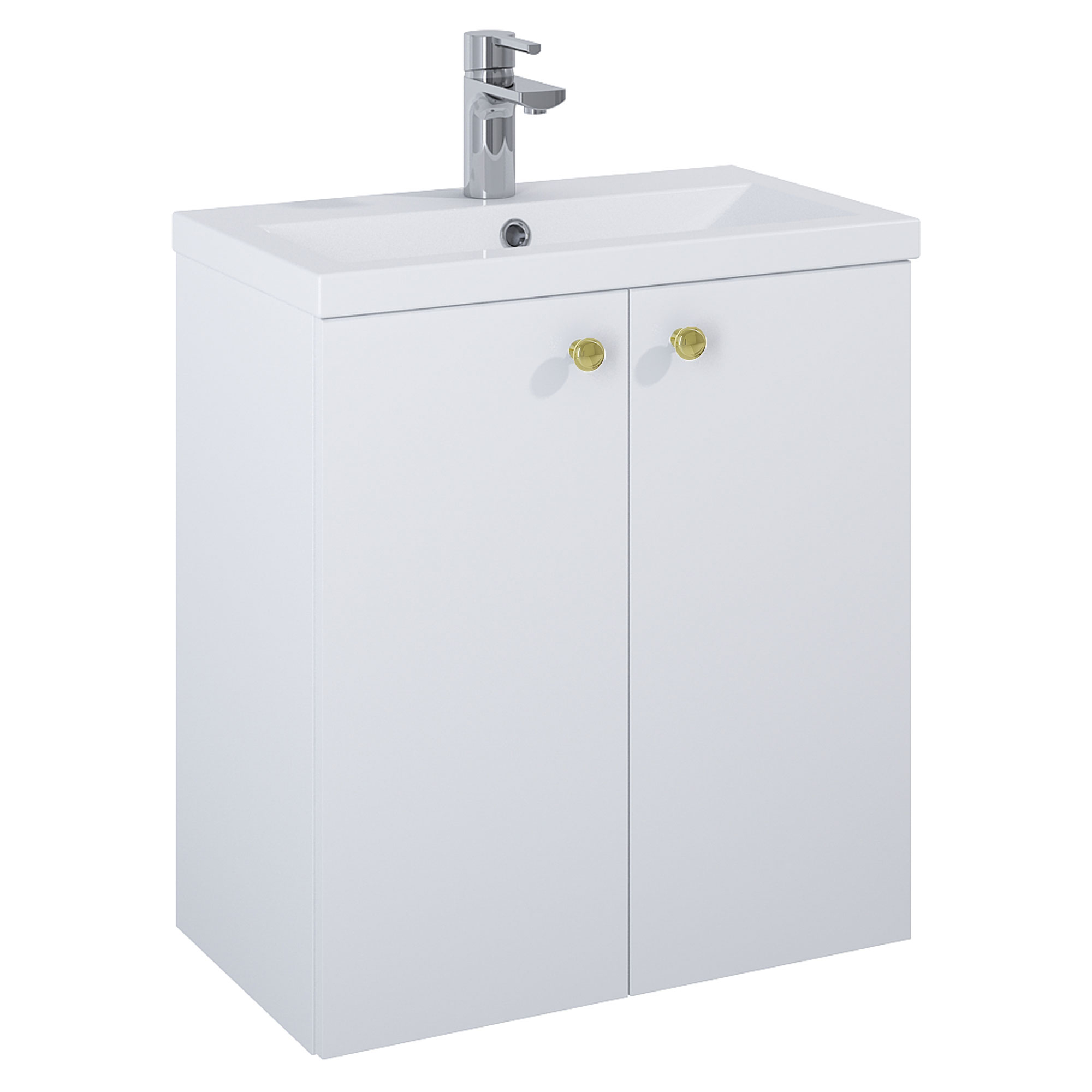 Håndvaskskab Guld Minimal Hvid Mat 60 cm med To Døre & Vask Hvid Blank