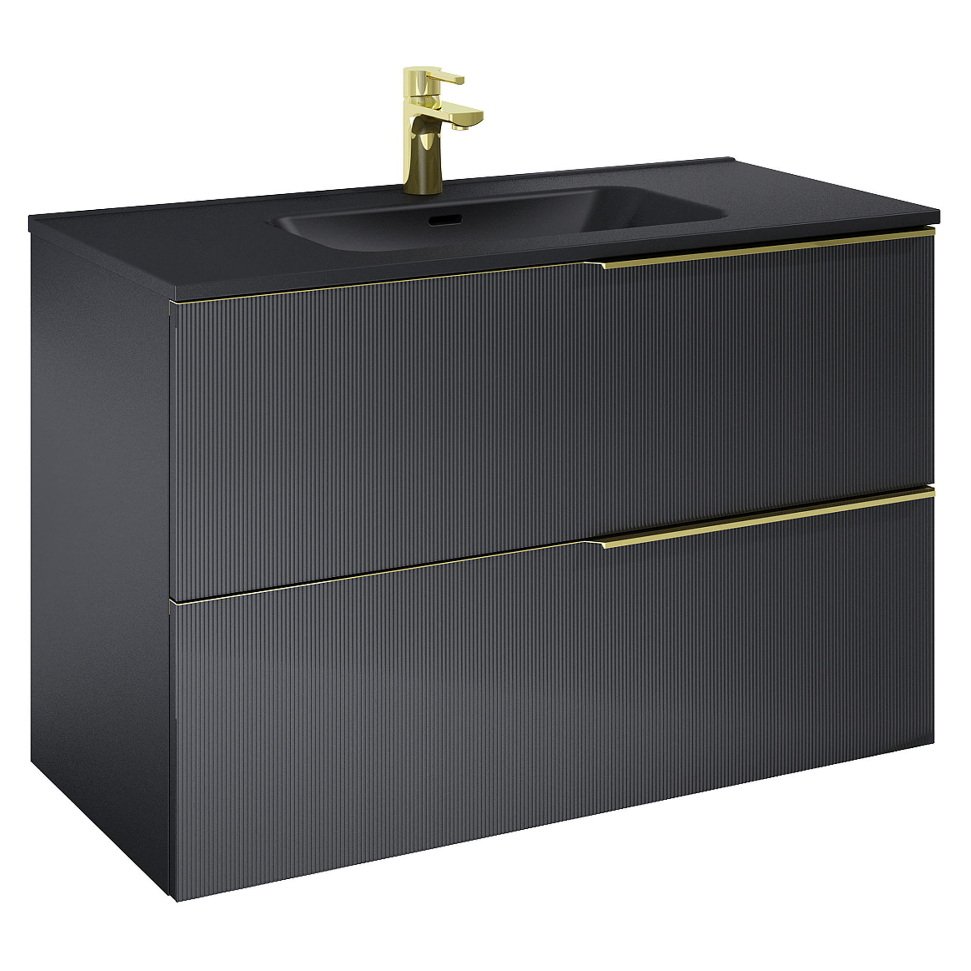 Sort Vask Underskab Satin Sort 100 cm med Håndtag i Guld & Vask Sort Mat