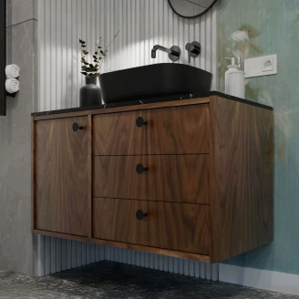 Håndvaskskab <strong>Vinyl</strong>  Valnød Højre 100 cm med Bordplade Marmor Sort & Håndtag Sort