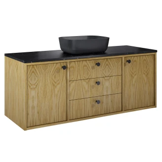 Håndvaskskab <strong>Vinyl</strong>  Eg Træ 140 cm med Bordplade Marmor Sort & Håndtag Sort