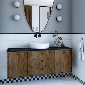 Håndvaskskab <strong>Vinyl</strong>  Valnød 140 cm med Bordplade Marmor Sort & Håndtag Sort