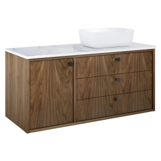 Håndvaskskab <strong>Vinyl</strong>  Valnød Højre 120 cm med Bordplade Marmor Hvid & Håndtag Sort