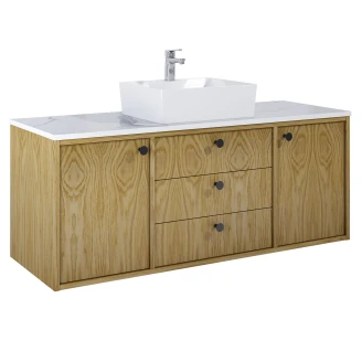 Håndvaskskab <strong>Vinyl</strong>  Eg Træ 140 cm med Bordplade Marmor Hvid & Håndtag Sort