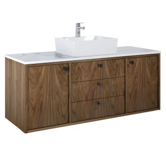 Håndvaskskab <strong>Vinyl</strong>  Valnød 140 cm med Bordplade Marmor Hvid & Håndtag Sort