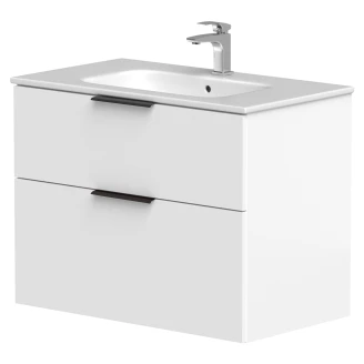 Håndvaskskab <strong>Velira</strong>  Hvid Mat 80 cm med Vask Hvid & Håndtag Sort