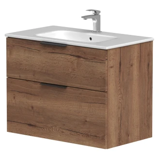 Håndvaskskab <strong>Velira</strong>  Træ Eg Mat 80 cm med Vask Hvid & Håndtag Sort