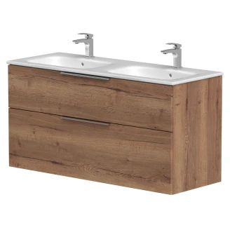 Dobbelt Håndvaskskab <strong>Velira</strong>  Træ Eg Mat 120 cm med Vask Hvid & Håndtag Krom