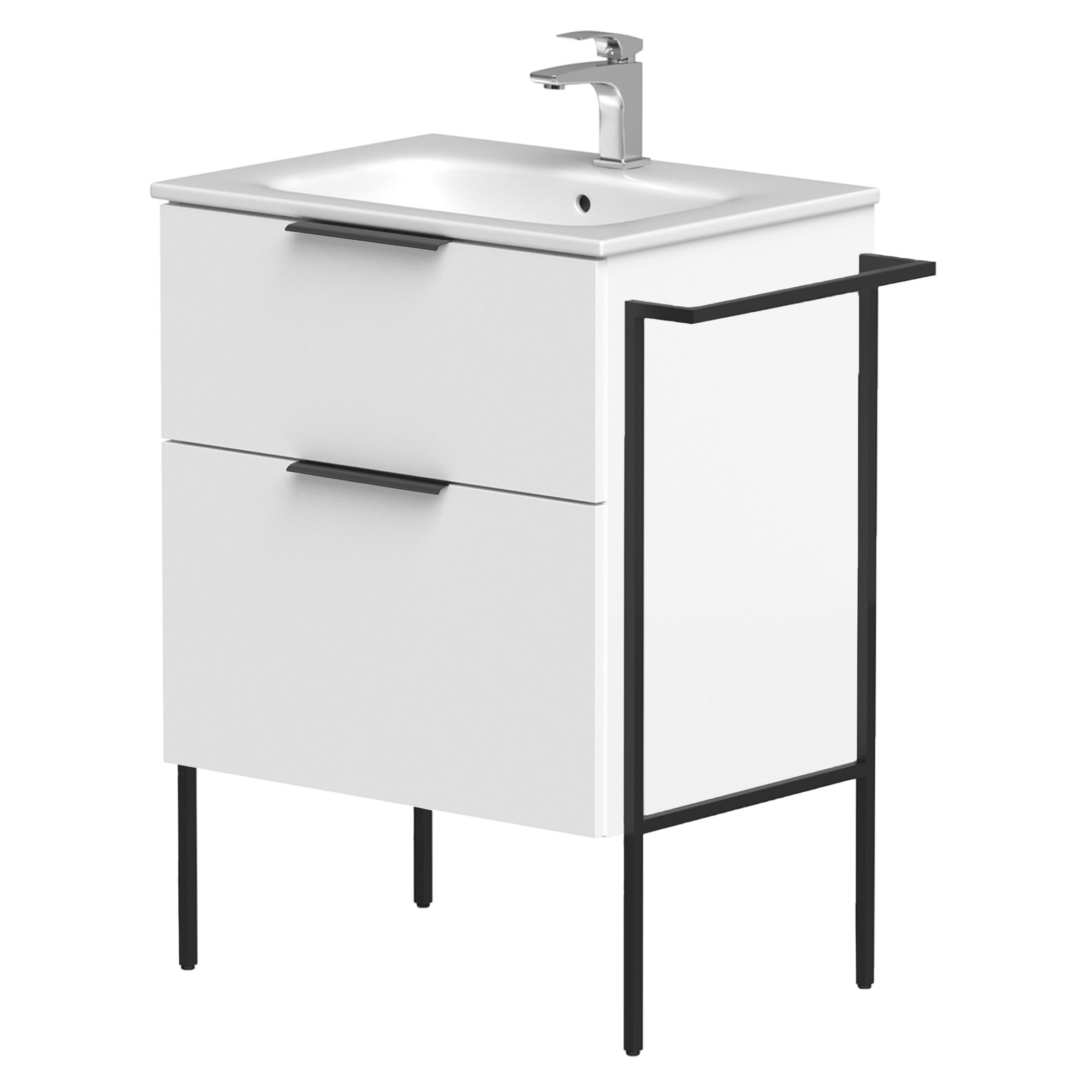 Håndvaskskab Velira Hvid Mat 60 cm med Vask Hvid, Håndtag Sort & Ben