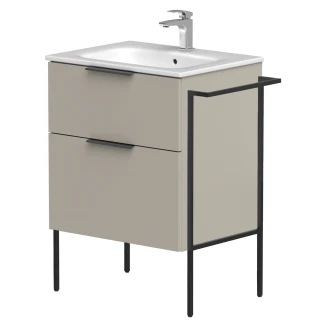 Håndvaskskab <strong>Velira</strong>  Gråbeige Mat 60 cm med Vask Hvid, Håndtag Sort & Ben