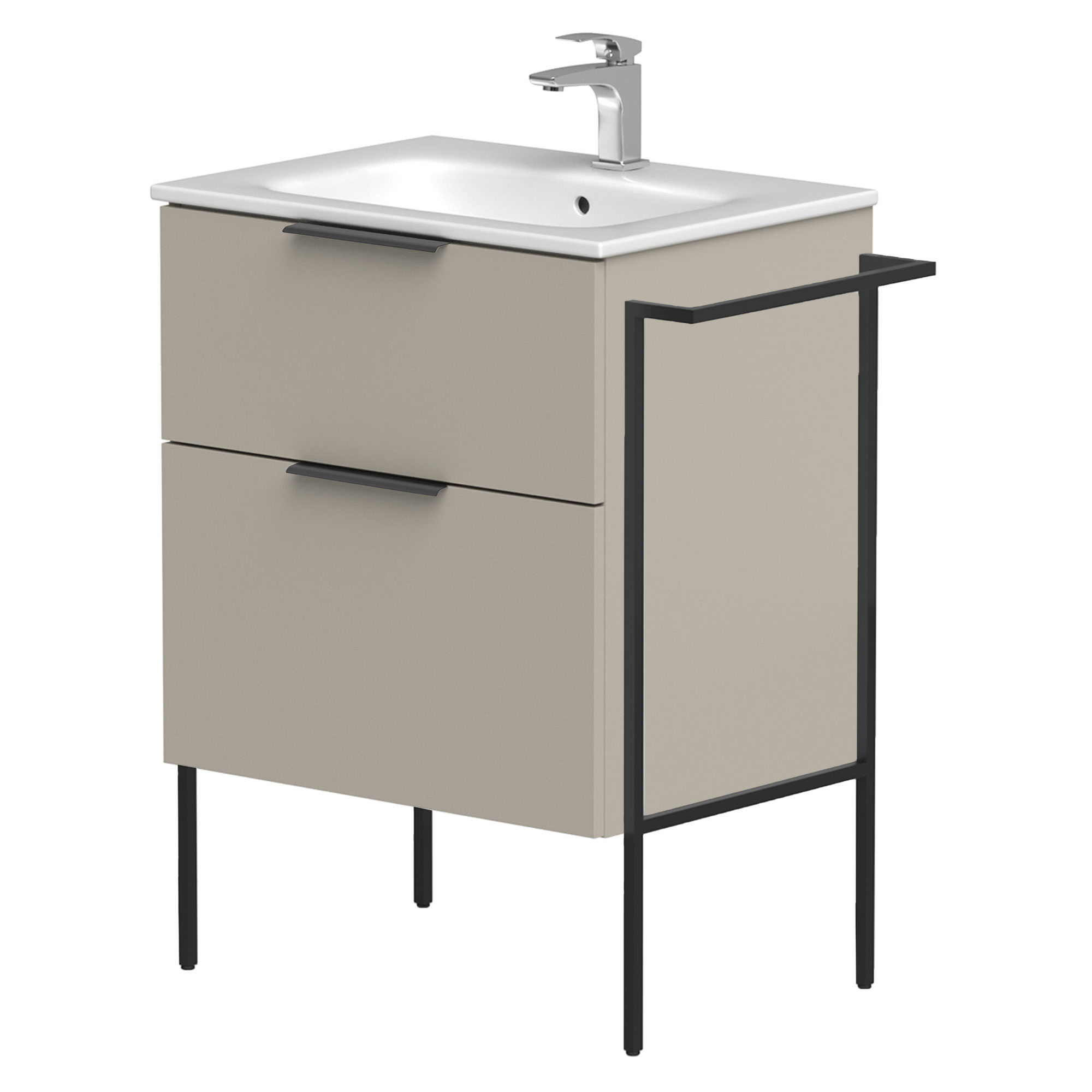 Håndvaskskab Velira Gråbeige Mat 60 cm med Vask Hvid, Håndtag Sort & Ben