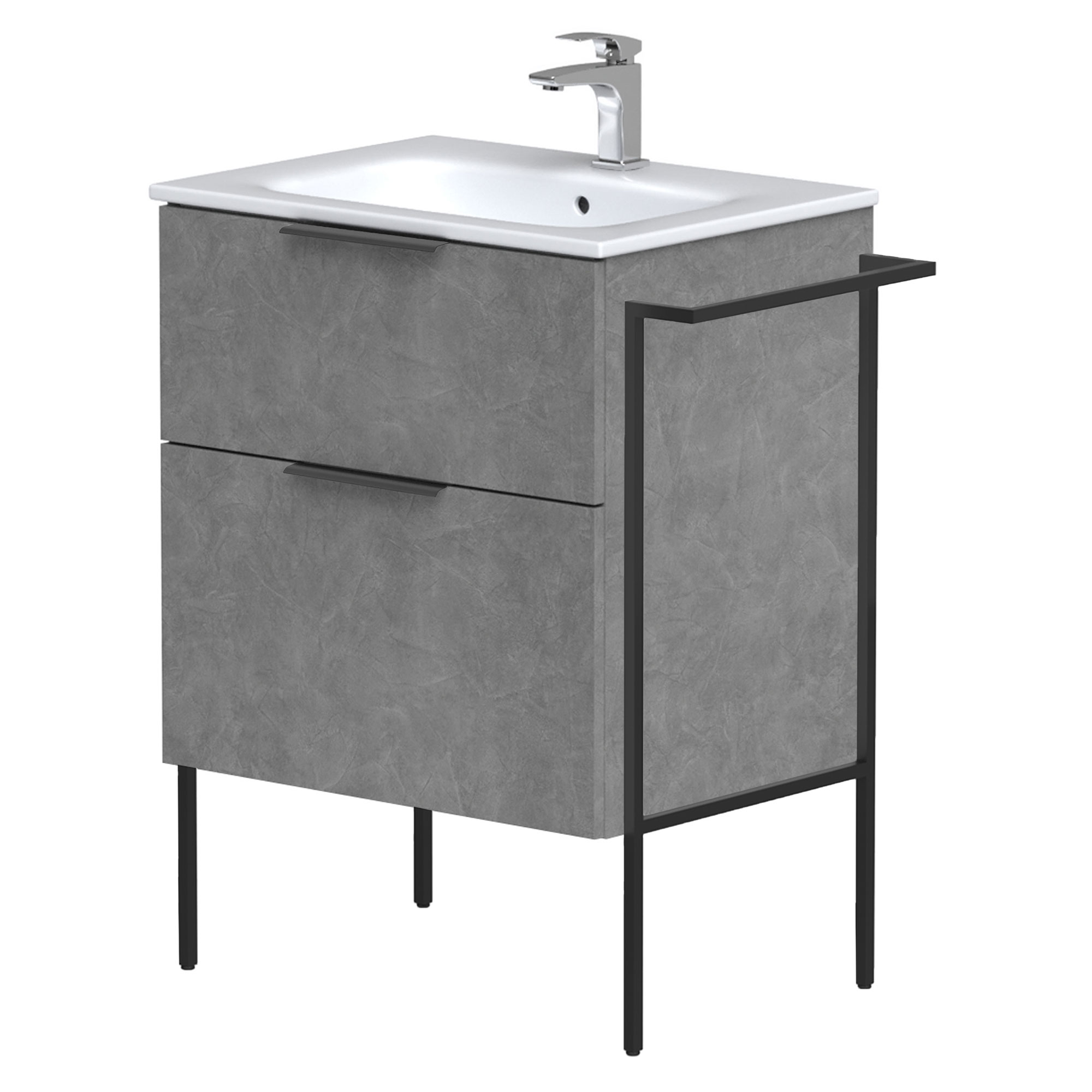 Håndvaskskab Velira Beton Mat 60 cm med Vask Hvid, Håndtag Sort & Ben