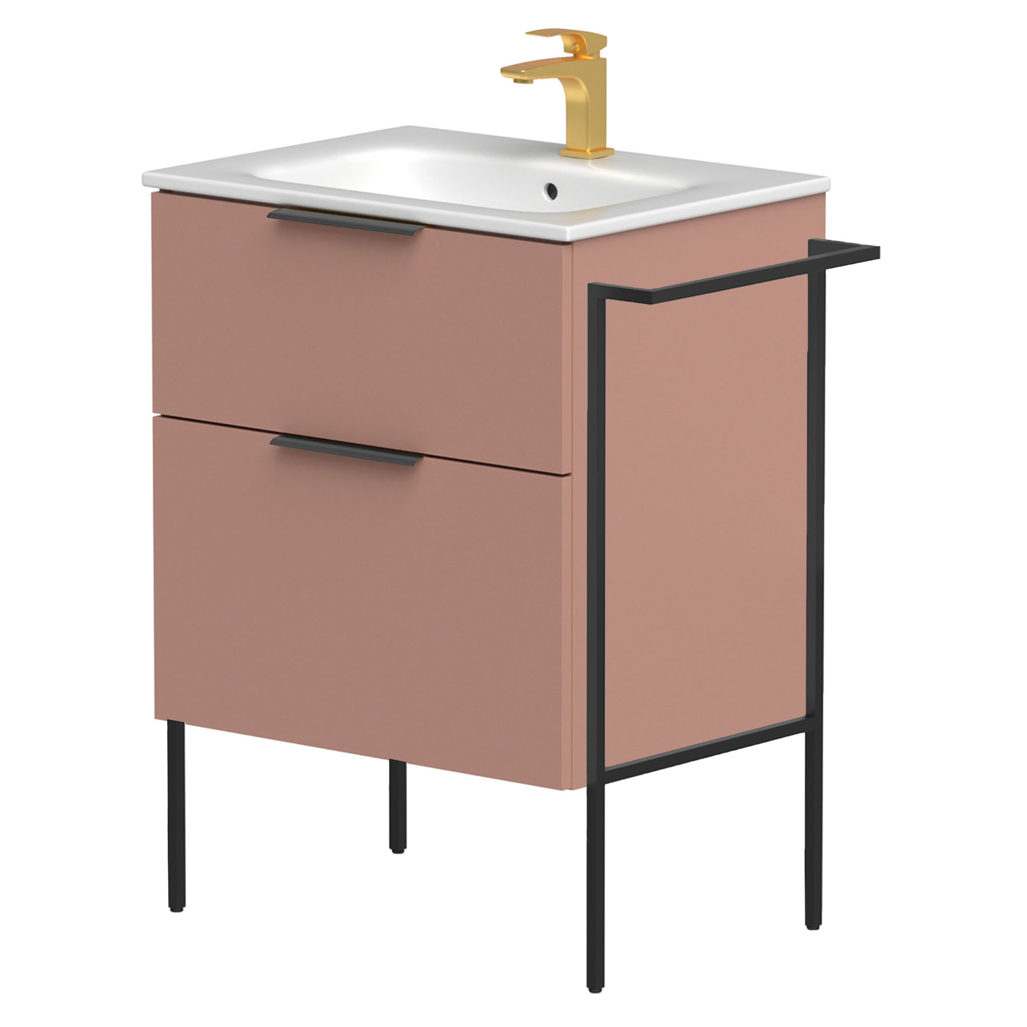 Håndvaskskab Velira Rosa Mat 60 cm med Vask Hvid, Håndtag Sort & Ben