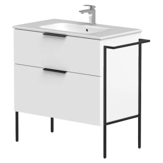 Håndvaskskab <strong>Velira</strong>  Hvid Mat 80 cm med Vask Hvid, Håndtag Sort & Ben