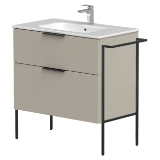 Håndvaskskab <strong>Velira</strong>  Gråbeige Mat 80 cm med Vask Hvid, Håndtag Sort & Ben