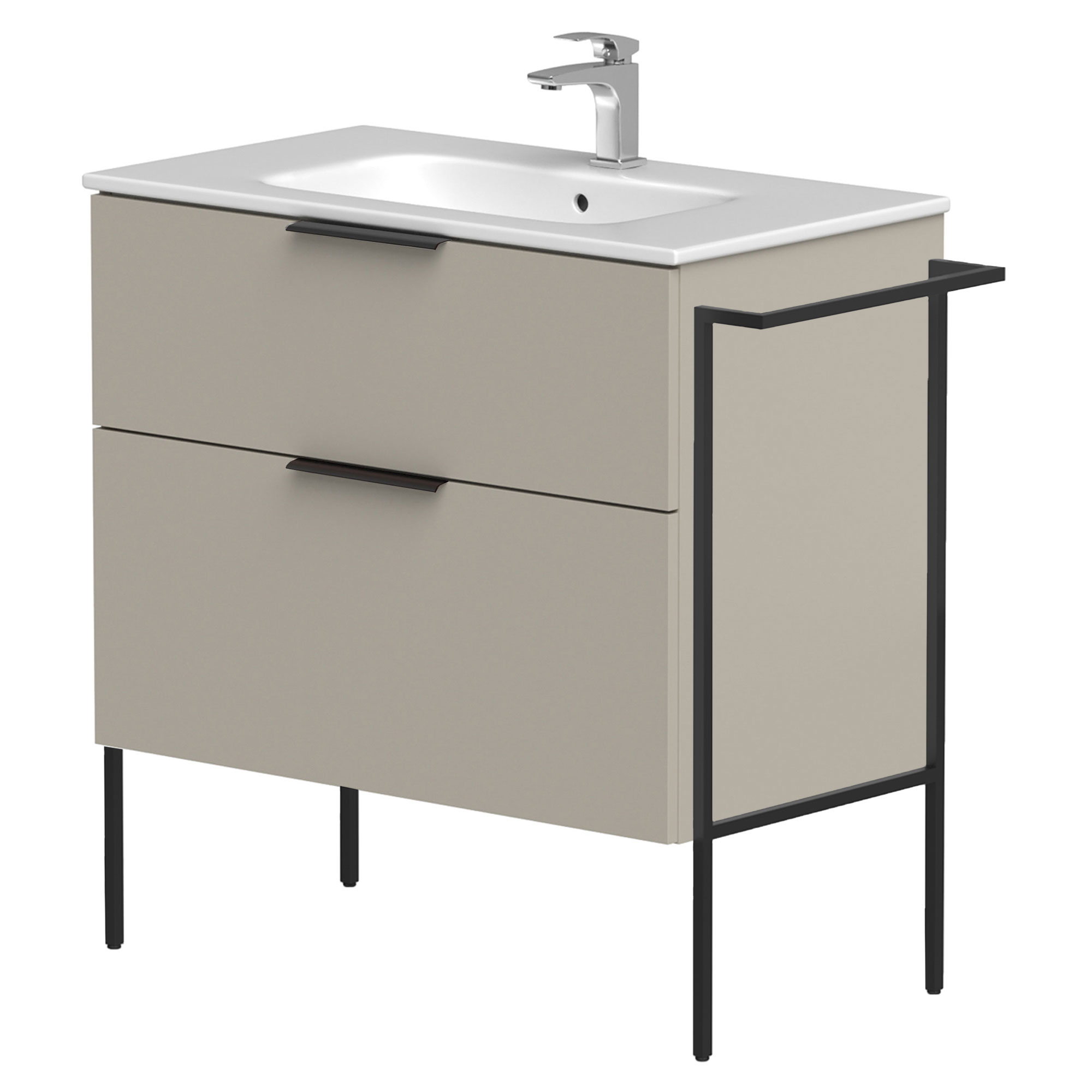 Håndvaskskab Velira Gråbeige Mat 80 cm med Vask Hvid, Håndtag Sort & Ben