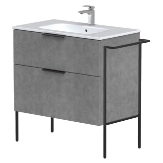 Håndvaskskab <strong>Velira</strong>  Beton Mat 80 cm med Vask Hvid, Håndtag Sort & Ben
