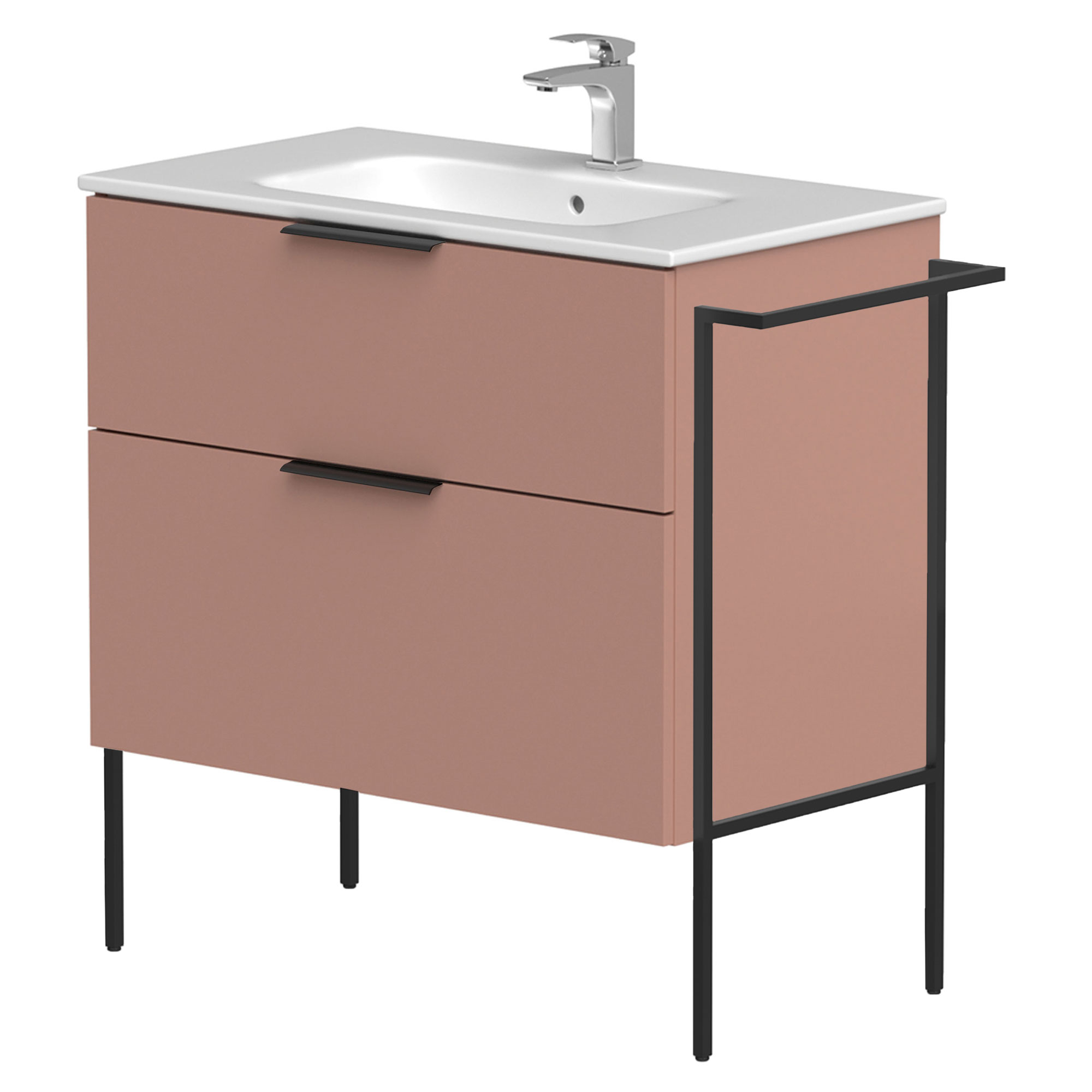 Håndvaskskab Velira Rosa Mat 80 cm med Vask Hvid, Håndtag Sort & Ben