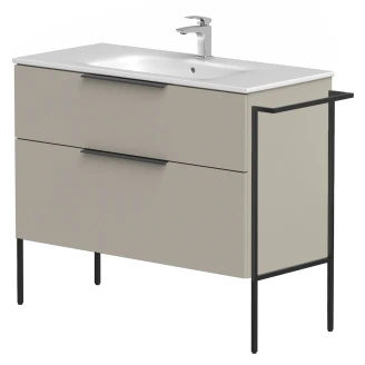 Håndvaskskab <strong>Velira</strong>  Gråbeige Mat 100 cm med Vask Hvid, Håndtag Sort & Ben