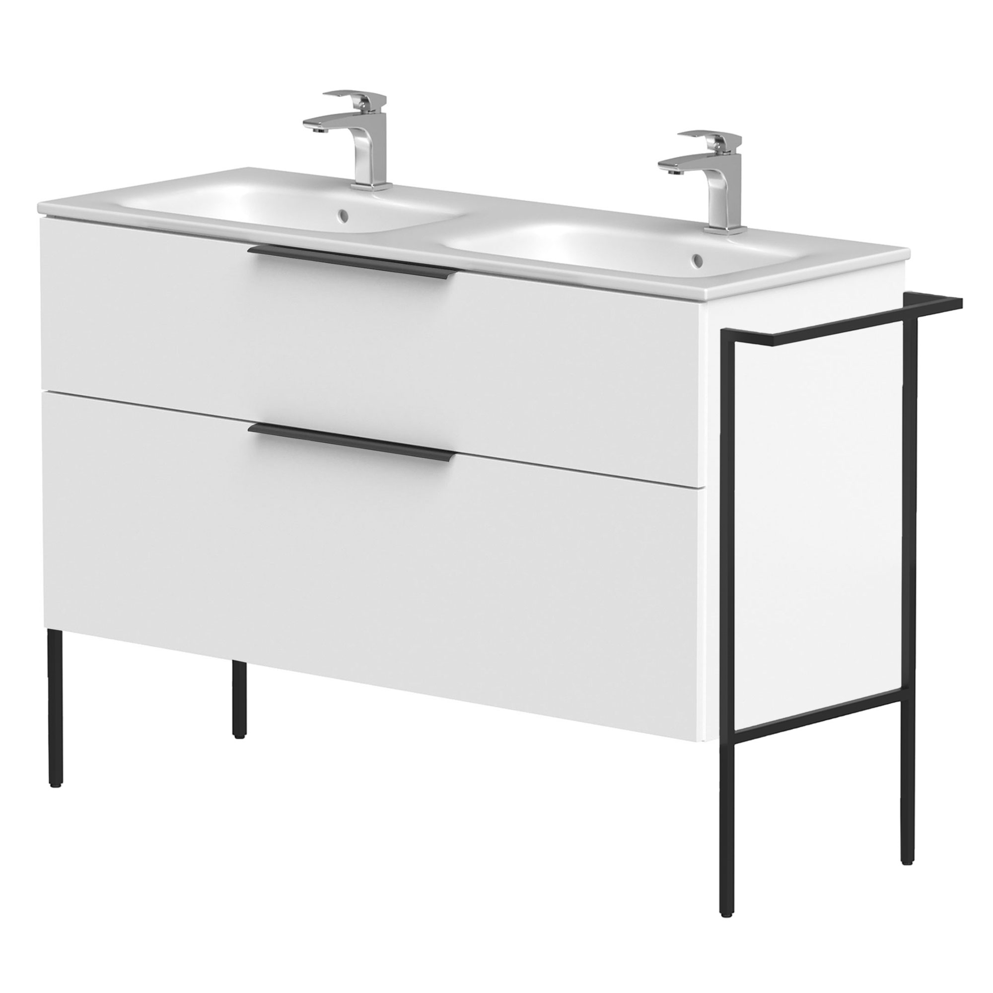 Dobbelt Håndvaskskab Velira Hvid Mat 120 cm med Vask Hvid, Håndtag Sort & Ben