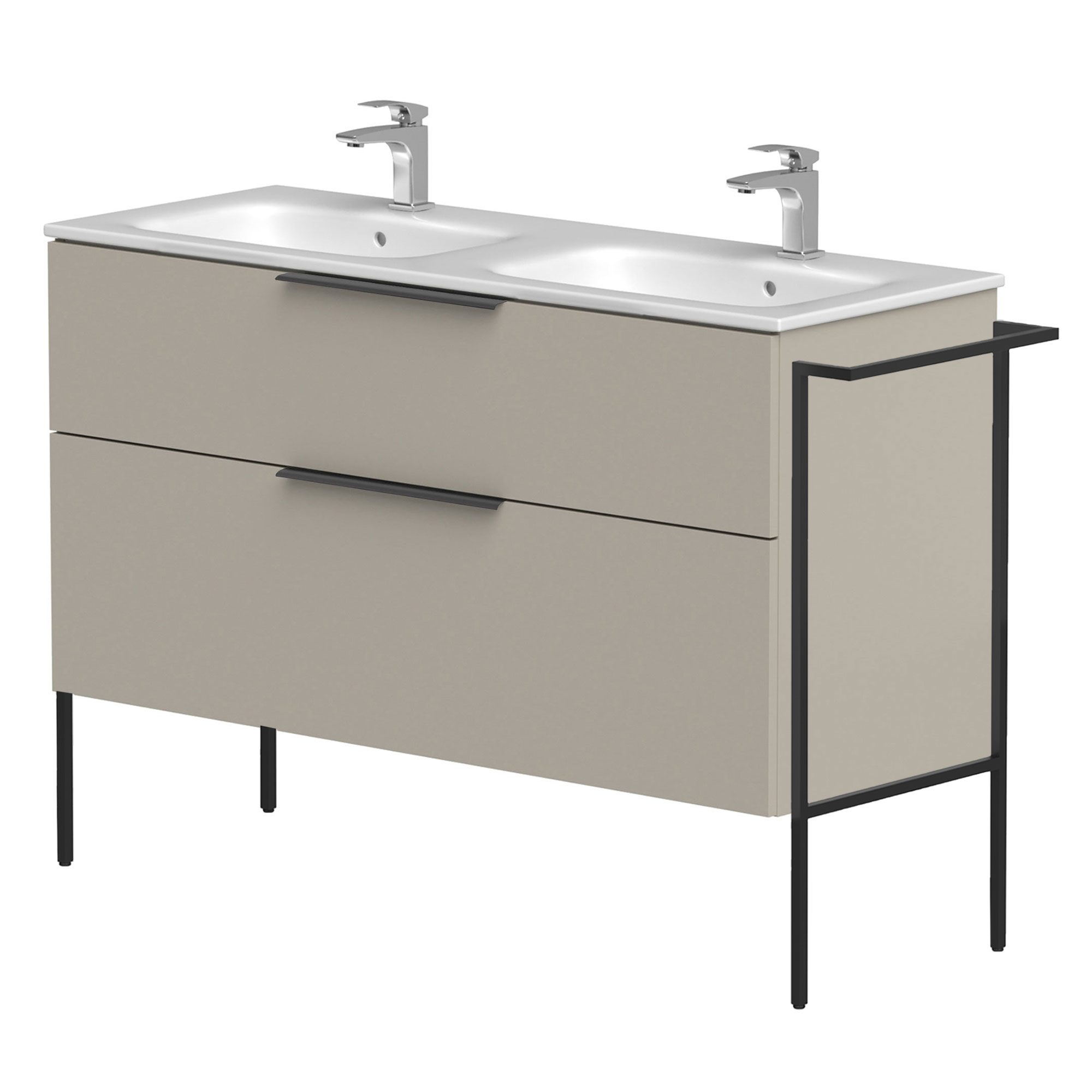 Dobbelt Håndvaskskab Velira Gråbeige Mat 120 cm med Vask Hvid, Håndtag Sort & Ben