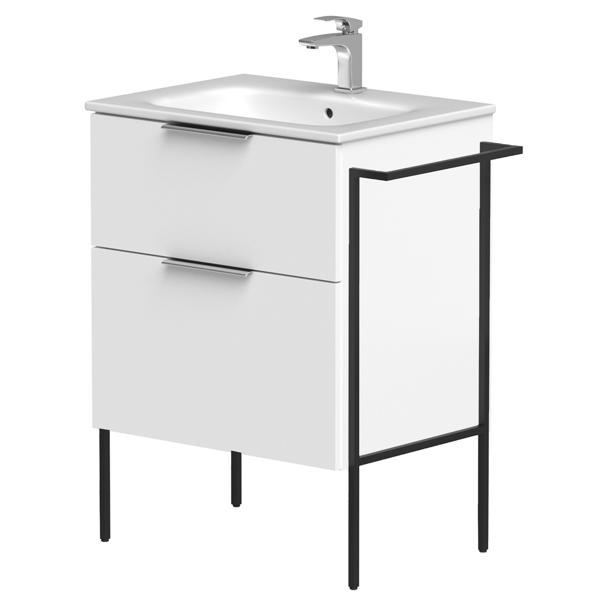 Håndvaskskab Velira Hvid Mat 60 cm med Vask Hvid, Håndtag Krom & Ben