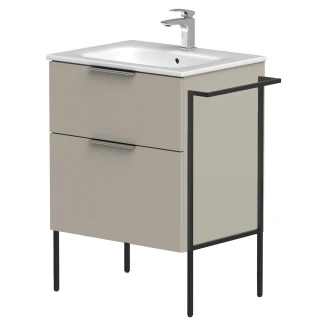 Håndvaskskab <strong>Velira</strong>  Gråbeige Mat 60 cm med Vask Hvid, Håndtag Krom & Ben