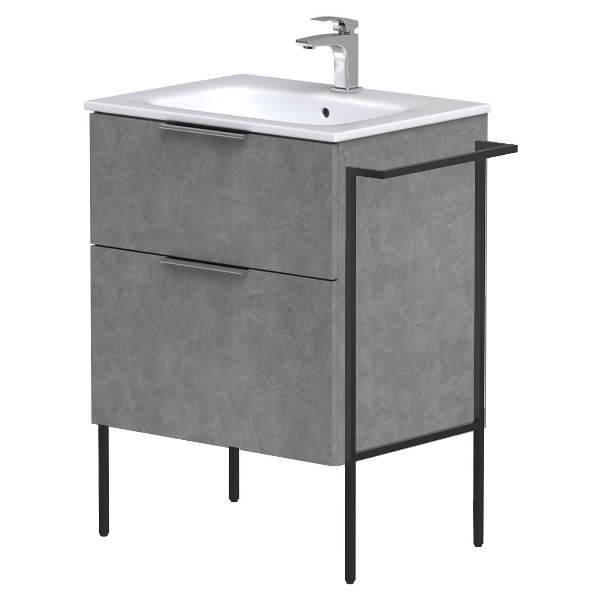 Håndvaskskab Velira Beton Mat 60 cm med Vask Hvid, Håndtag Krom & Ben