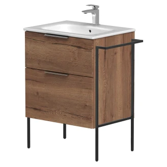 Håndvaskskab <strong>Velira</strong>  Træ Eg Mat 60 cm med Vask Hvid, Håndtag Krom & Ben