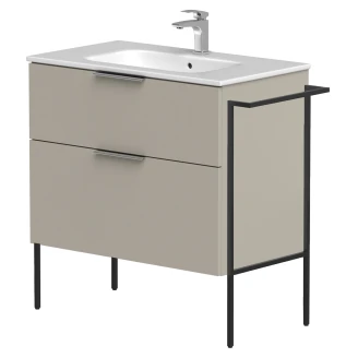 Håndvaskskab <strong>Velira</strong>  Gråbeige Mat 80 cm med Vask Hvid, Håndtag Krom & Ben