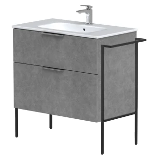 Håndvaskskab <strong>Velira</strong>  Beton Mat 80 cm med Vask Hvid, Håndtag Krom & Ben