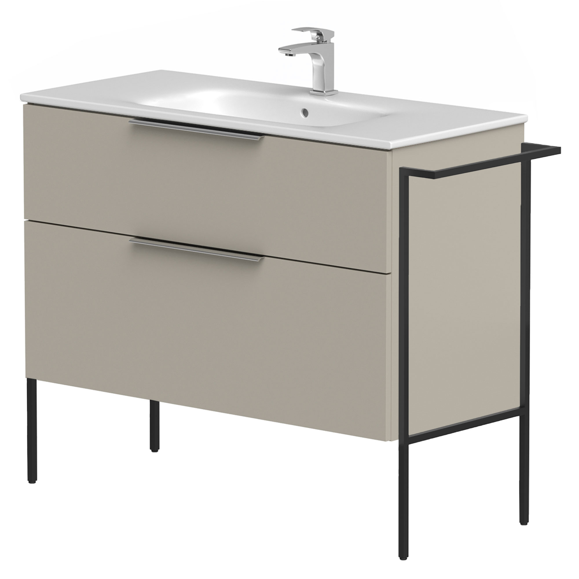 Håndvaskskab Velira Gråbeige Mat 100 cm med Vask Hvid, Håndtag Krom & Ben