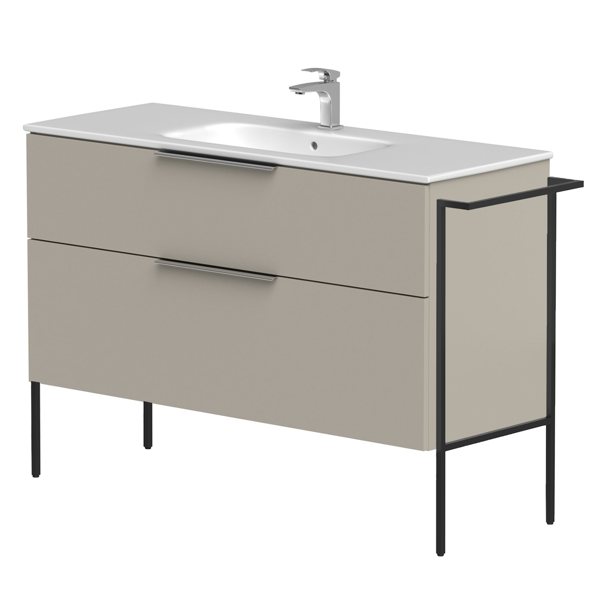 Håndvaskskab Velira Gråbeige Mat 120 cm med Vask Hvid, Håndtag Krom & Ben